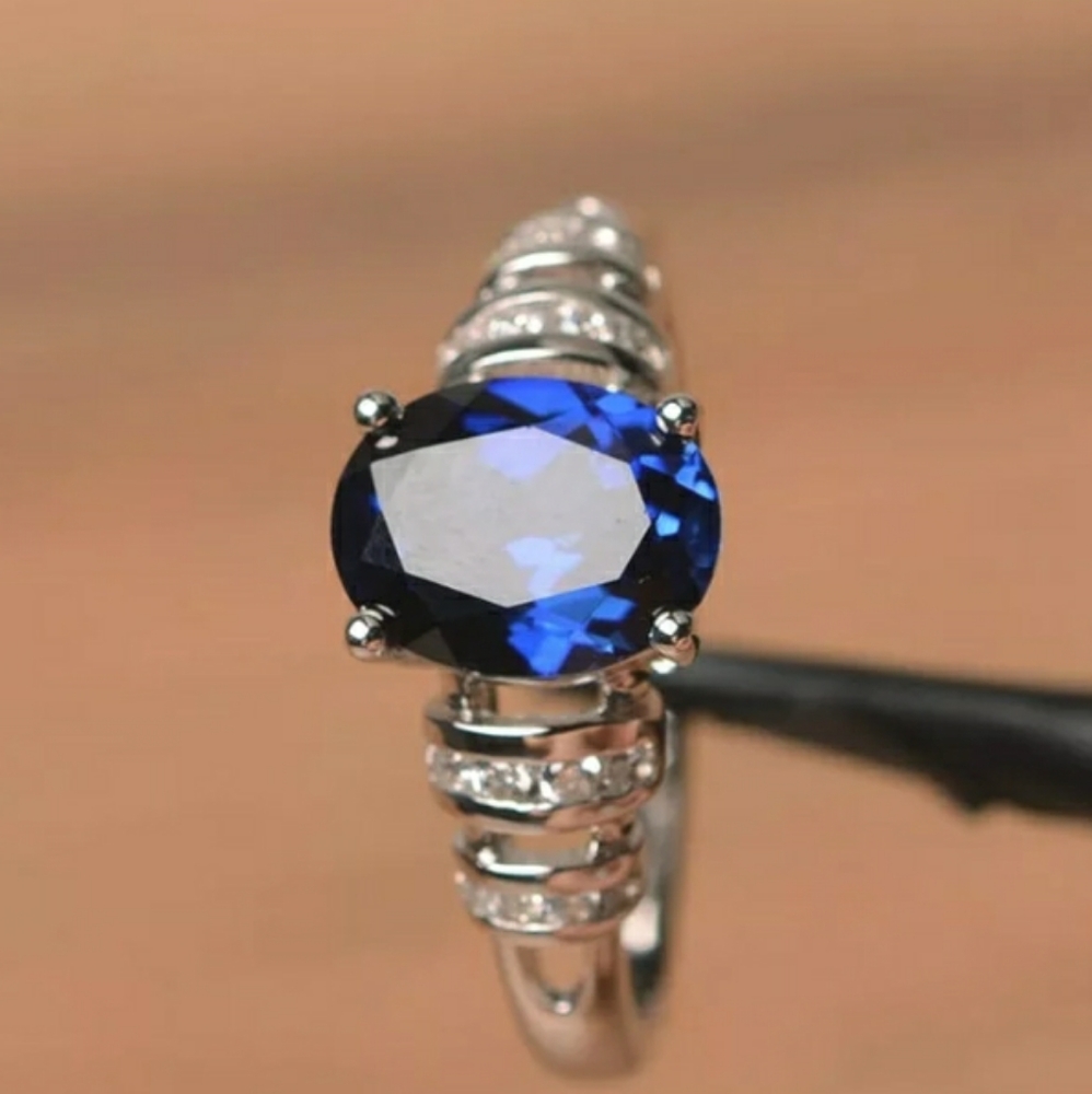 Silver Royal Blue Cubic Zirconia Ring - Picture 2 of 4